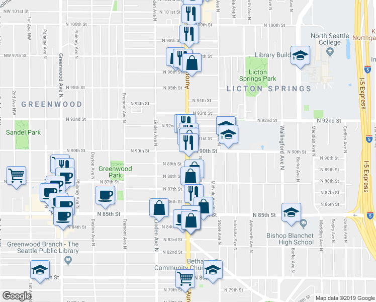 map of restaurants, bars, coffee shops, grocery stores, and more near North 90th Street in Seattle