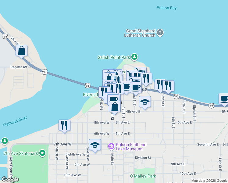 map of restaurants, bars, coffee shops, grocery stores, and more near 203 Main St in Polson