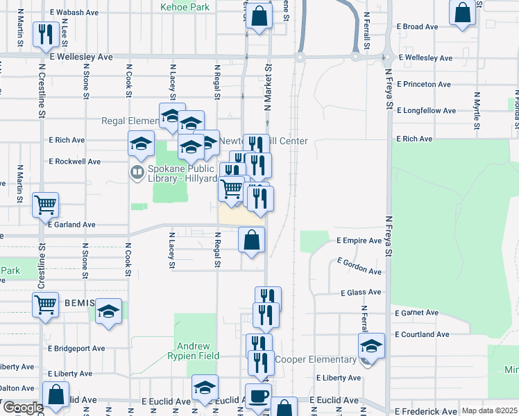 map of restaurants, bars, coffee shops, grocery stores, and more near 3909 North Market Street in Spokane
