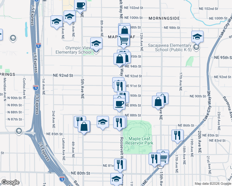 map of restaurants, bars, coffee shops, grocery stores, and more near 844 Northeast 90th Street in Seattle