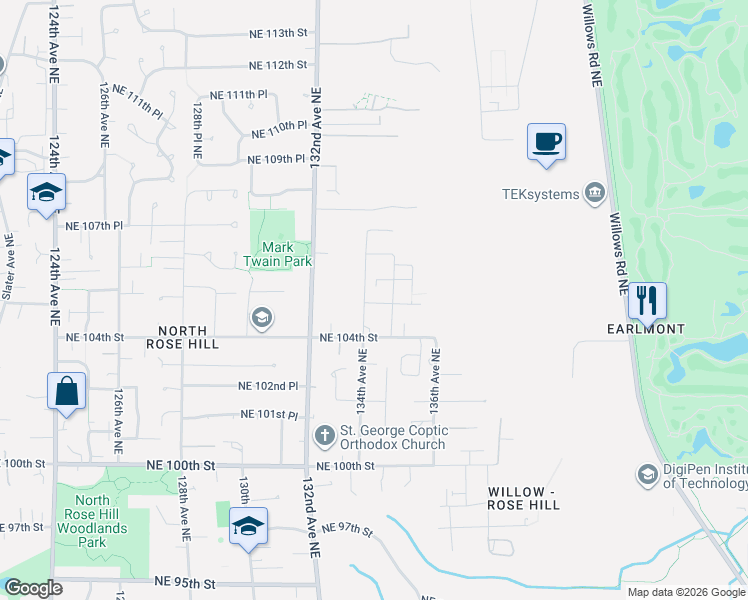 map of restaurants, bars, coffee shops, grocery stores, and more near 13488 Northeast 104th Way in Kirkland