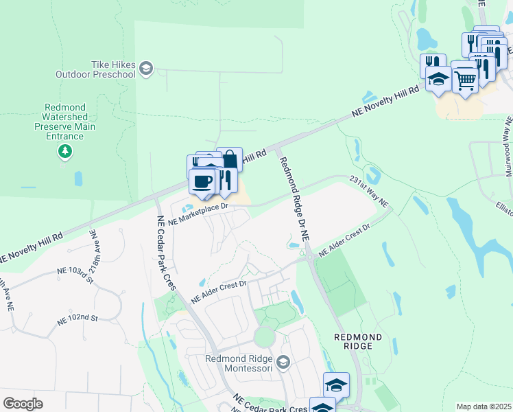 map of restaurants, bars, coffee shops, grocery stores, and more near 22466 Northeast Marketplace Drive in Redmond