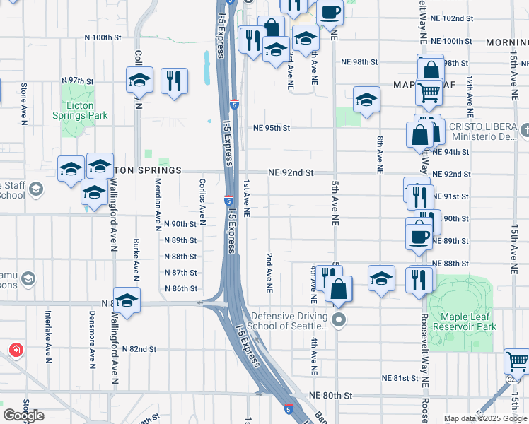 map of restaurants, bars, coffee shops, grocery stores, and more near 8854 1st Avenue Northeast in Seattle