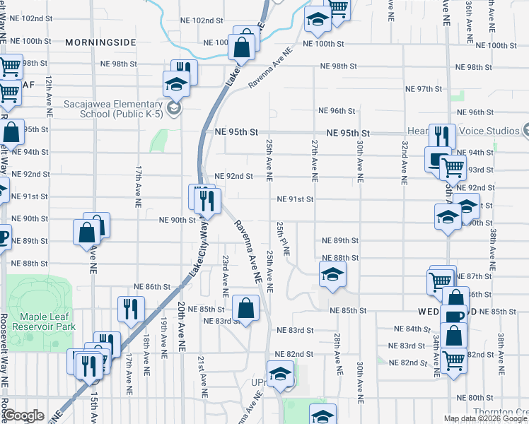 map of restaurants, bars, coffee shops, grocery stores, and more near 2380 Northeast 90th Street in Seattle