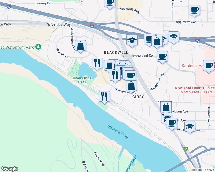 map of restaurants, bars, coffee shops, grocery stores, and more near 1578 West Riverstone Drive in Coeur d'Alene