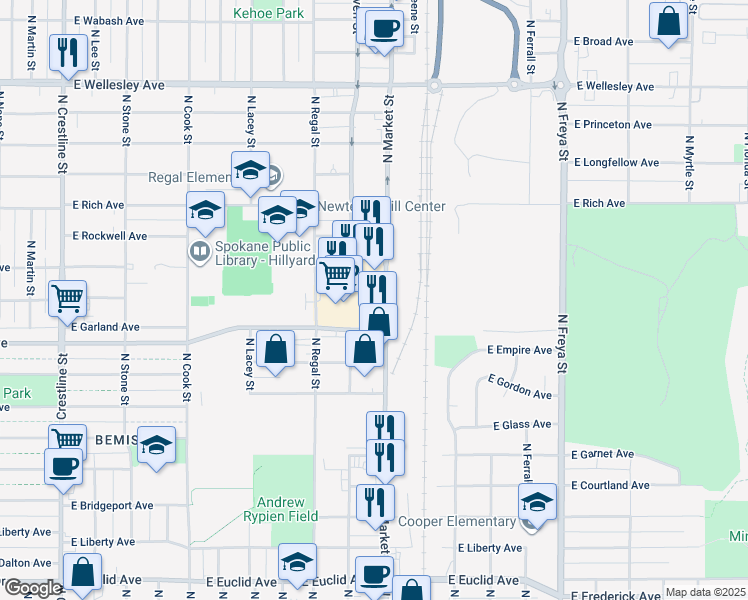 map of restaurants, bars, coffee shops, grocery stores, and more near 3909 N Market St in Spokane