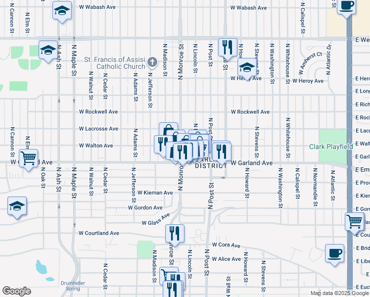 map of restaurants, bars, coffee shops, grocery stores, and more near 3915 North Monroe Street in Spokane