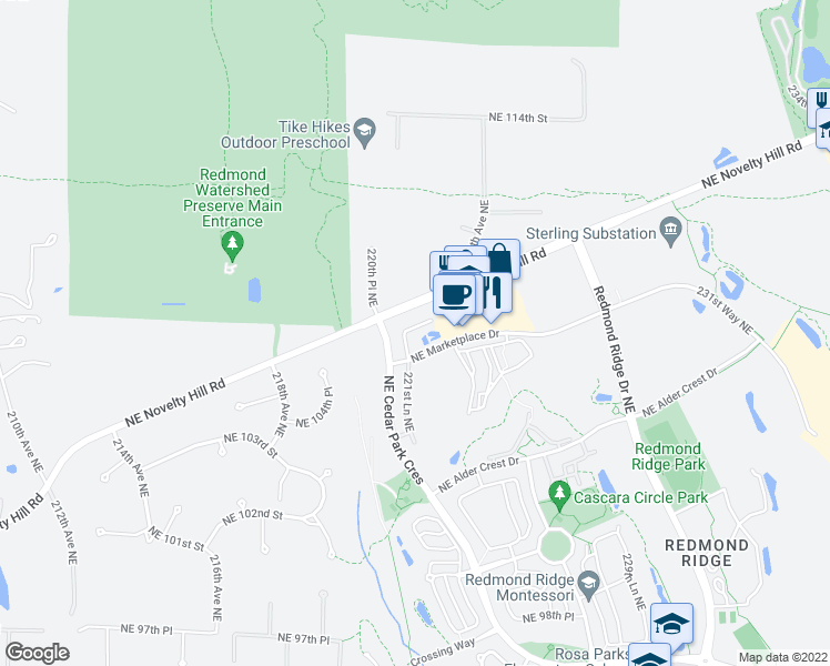 map of restaurants, bars, coffee shops, grocery stores, and more near 10732 221st Lane Northeast in Redmond