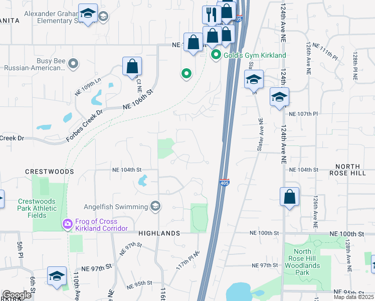 map of restaurants, bars, coffee shops, grocery stores, and more near 11805 Northeast 105th Court in Kirkland