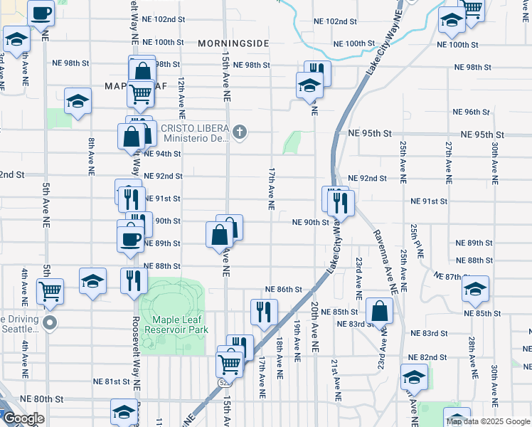 map of restaurants, bars, coffee shops, grocery stores, and more near 9001 17th Avenue Northeast in Seattle