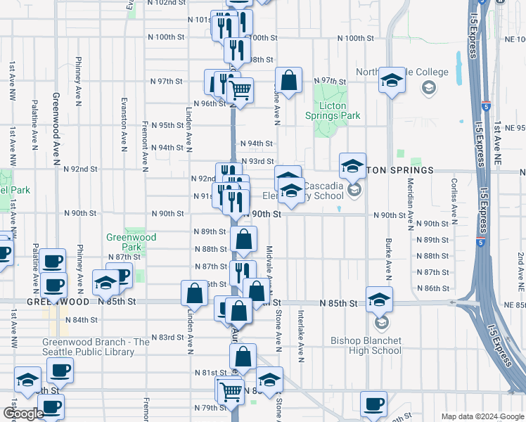 map of restaurants, bars, coffee shops, grocery stores, and more near 8842 Nesbit Avenue North in Seattle