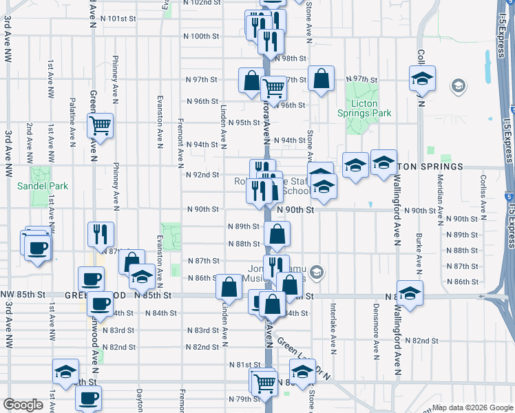 map of restaurants, bars, coffee shops, grocery stores, and more near in Seattle