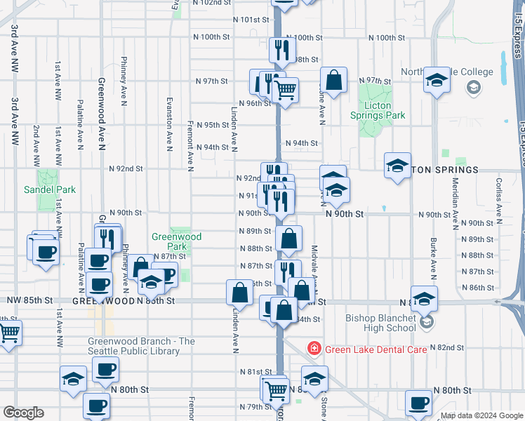 map of restaurants, bars, coffee shops, grocery stores, and more near 929 North 90th Street in Seattle