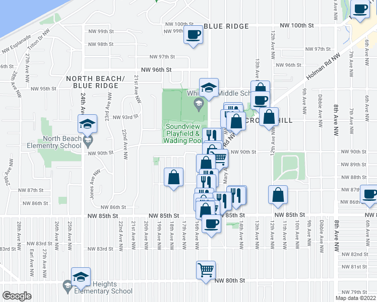map of restaurants, bars, coffee shops, grocery stores, and more near 8754 17th Avenue Northwest in Seattle