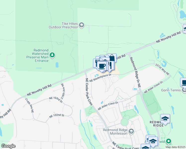 map of restaurants, bars, coffee shops, grocery stores, and more near 10732 221st Lane Northeast in Redmond