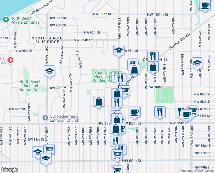 map of restaurants, bars, coffee shops, grocery stores, and more near 8754 17th Avenue Northwest in Seattle