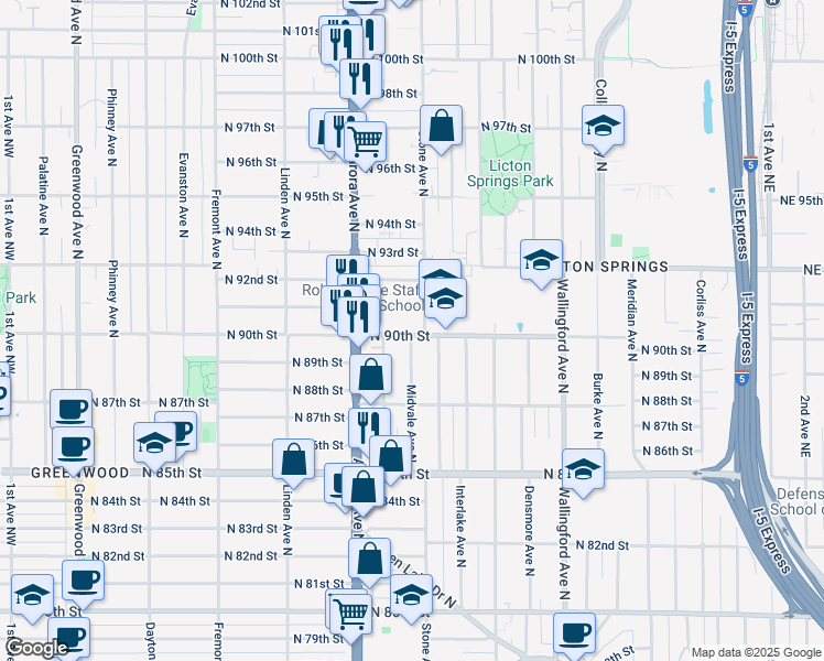map of restaurants, bars, coffee shops, grocery stores, and more near 8842 Nesbit Avenue North in Seattle