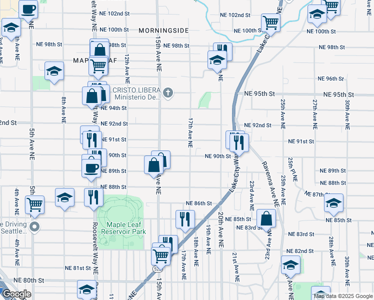 map of restaurants, bars, coffee shops, grocery stores, and more near 9001 17th Avenue Northeast in Seattle