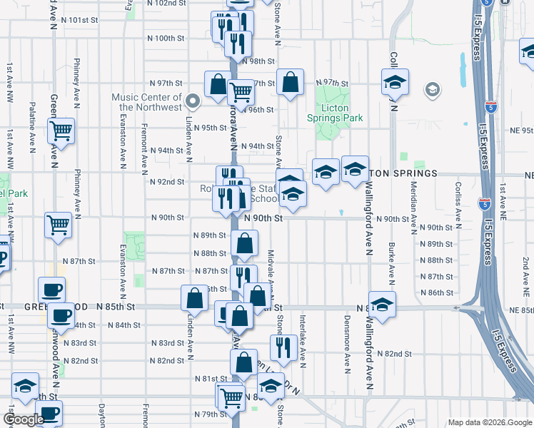 map of restaurants, bars, coffee shops, grocery stores, and more near 1134 North 90th Street in Seattle