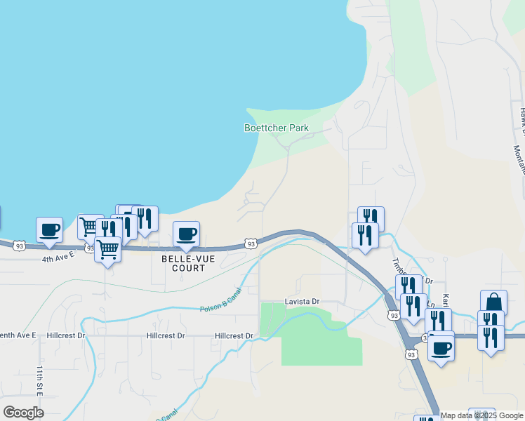 map of restaurants, bars, coffee shops, grocery stores, and more near 12 Country Club Drive in Polson