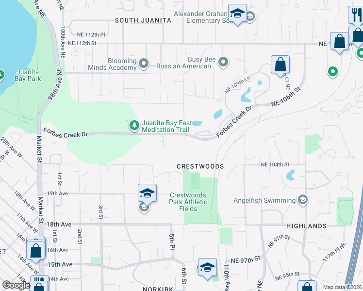 map of restaurants, bars, coffee shops, grocery stores, and more near 10661 Forbes Creek Drive in Kirkland