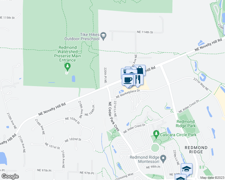map of restaurants, bars, coffee shops, grocery stores, and more near 10721 221st Lane Northeast in Redmond