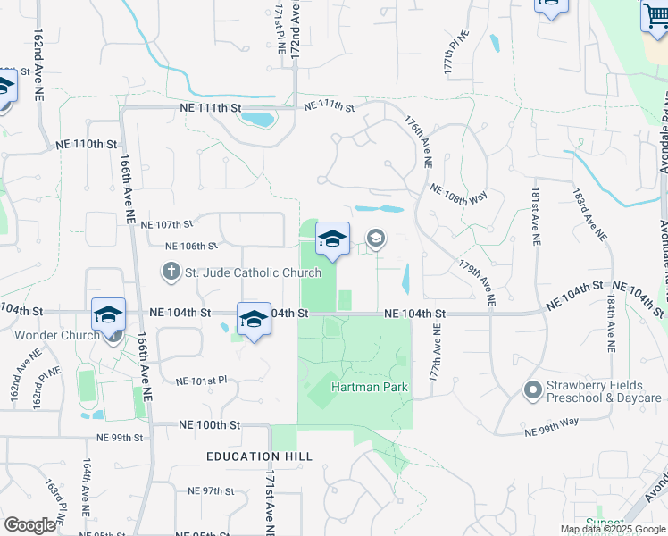 map of restaurants, bars, coffee shops, grocery stores, and more near 17272 Northeast 104th Street in Redmond