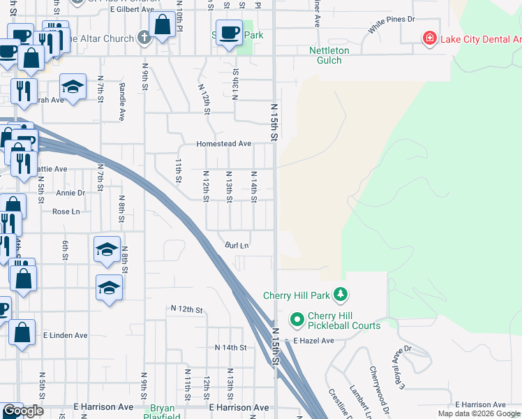map of restaurants, bars, coffee shops, grocery stores, and more near 1912 North 14th Street in Coeur d'Alene