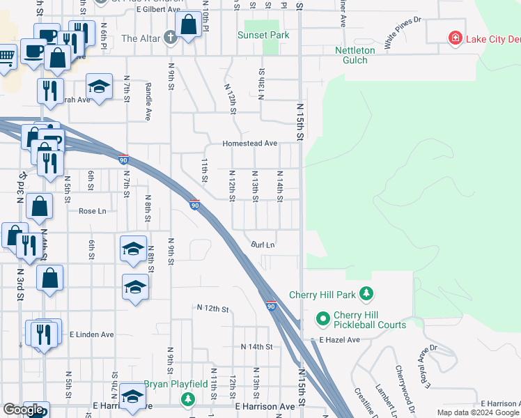 map of restaurants, bars, coffee shops, grocery stores, and more near 1906 North 13th Street in Coeur d'Alene