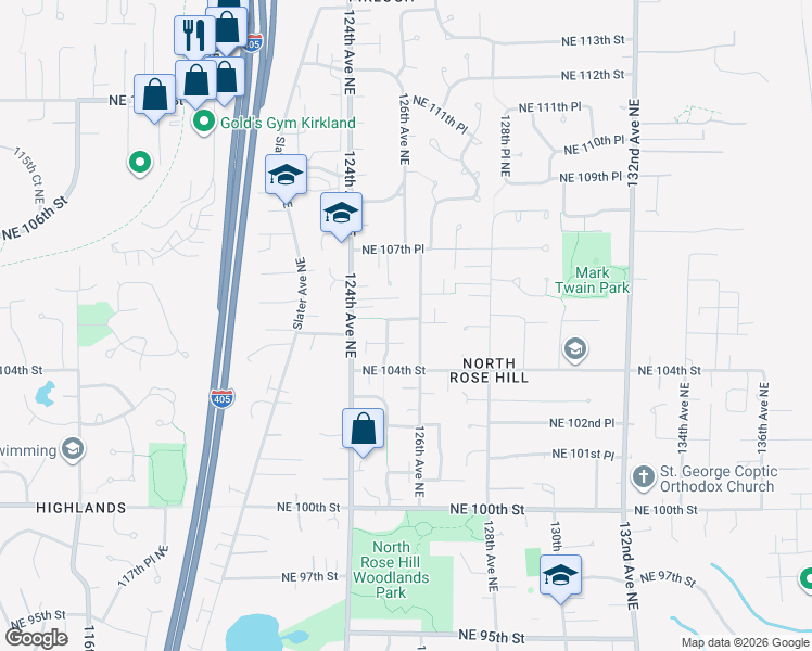 map of restaurants, bars, coffee shops, grocery stores, and more near 10431 126th Avenue Northeast in Kirkland