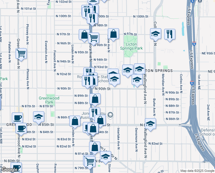 map of restaurants, bars, coffee shops, grocery stores, and more near 1215 North 90th Street in Seattle