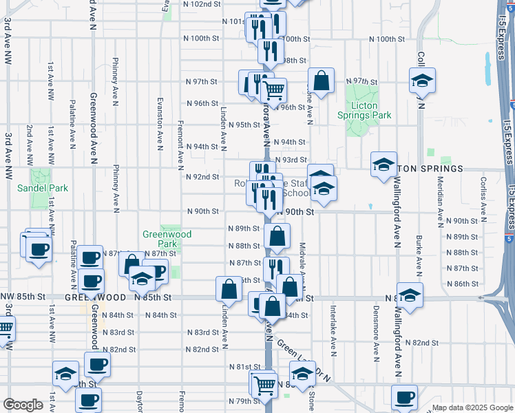 map of restaurants, bars, coffee shops, grocery stores, and more near in Seattle