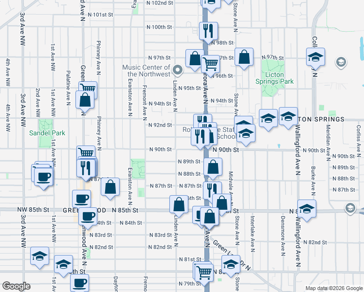 map of restaurants, bars, coffee shops, grocery stores, and more near 929 North 90th Street in Seattle