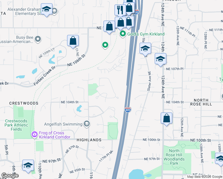 map of restaurants, bars, coffee shops, grocery stores, and more near 11846 Northeast 105th Lane in Kirkland