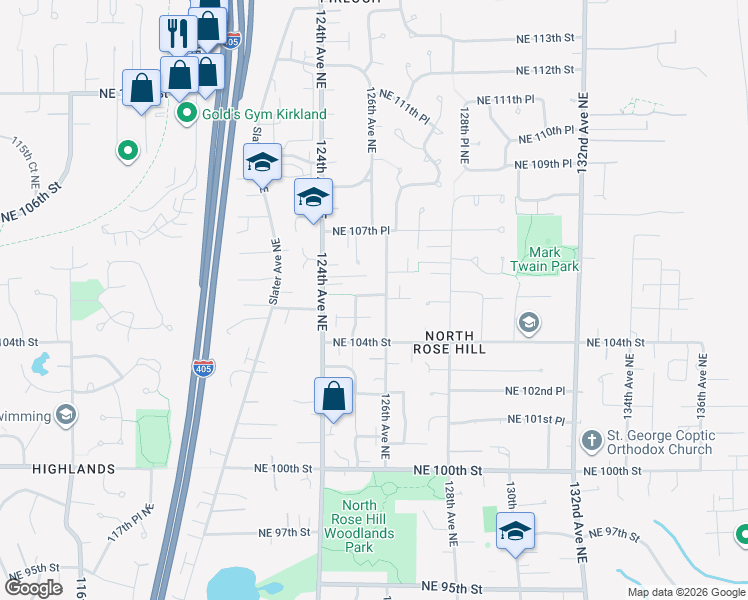 map of restaurants, bars, coffee shops, grocery stores, and more near 10431 126th Avenue Northeast in Kirkland