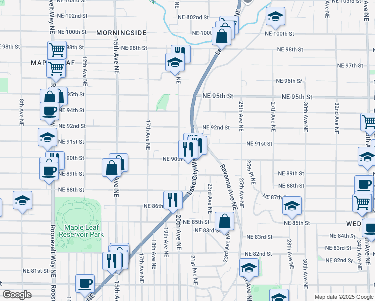map of restaurants, bars, coffee shops, grocery stores, and more near 9001 Lake City Way Northeast in Seattle