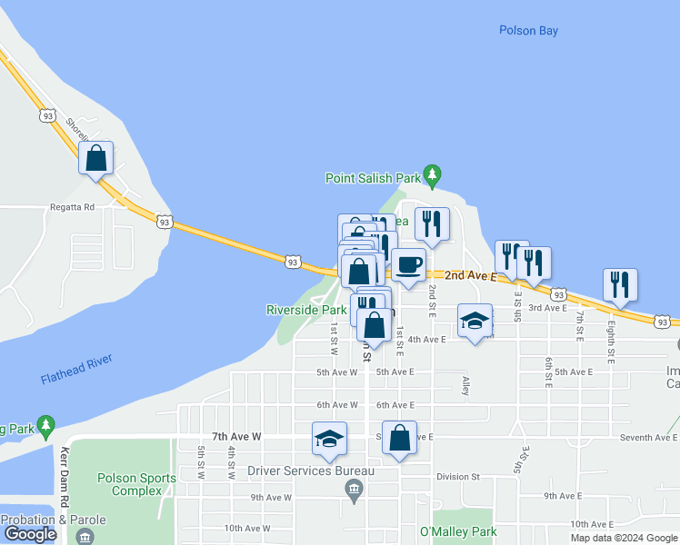 map of restaurants, bars, coffee shops, grocery stores, and more near 68 2nd Avenue West in Polson