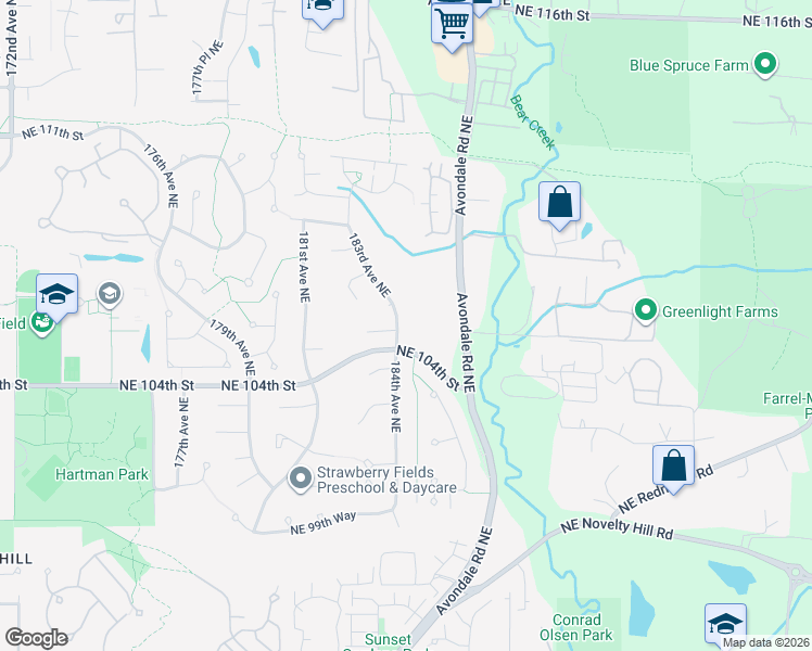 map of restaurants, bars, coffee shops, grocery stores, and more near 10504 184th Avenue Northeast in Redmond