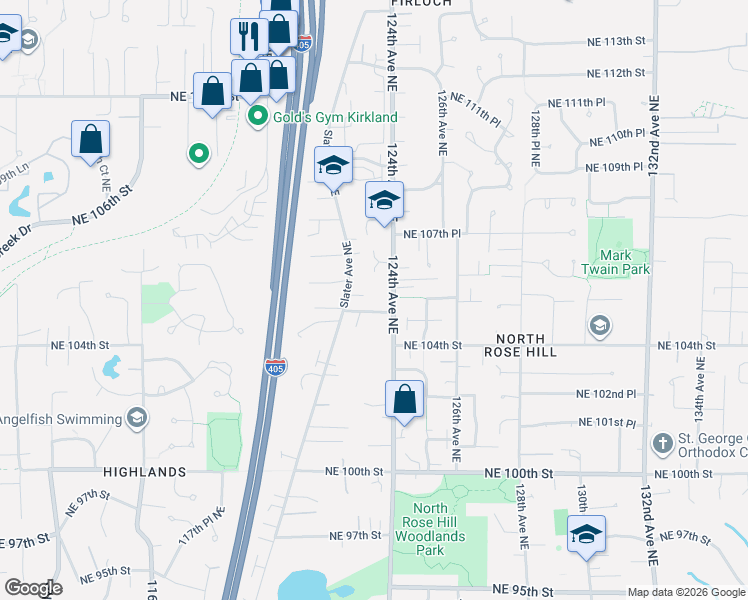 map of restaurants, bars, coffee shops, grocery stores, and more near 10507 124th Avenue Northeast in Kirkland
