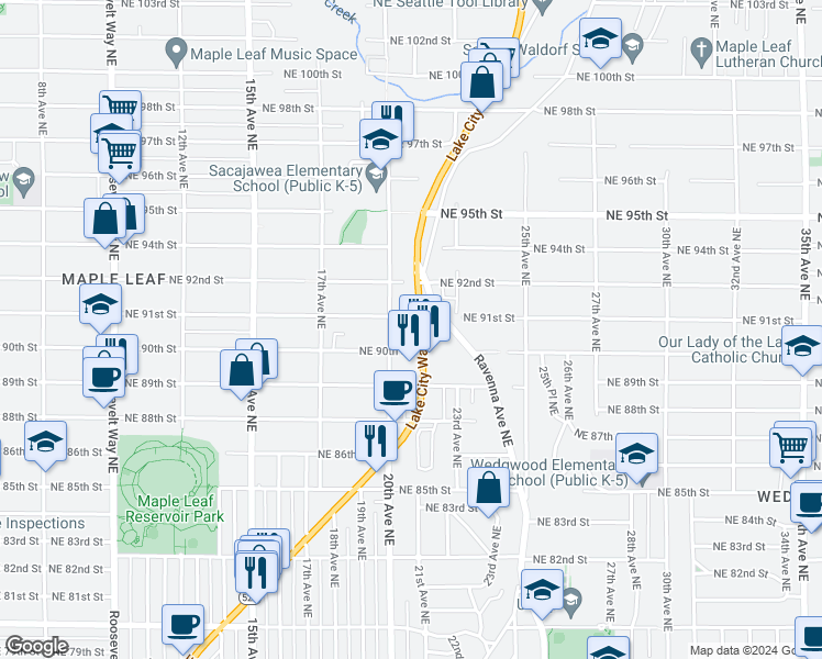 map of restaurants, bars, coffee shops, grocery stores, and more near 9000 Lake City Way Northeast in Seattle