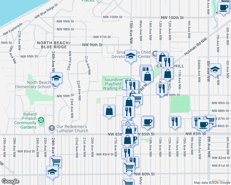 map of restaurants, bars, coffee shops, grocery stores, and more near 8754 17th Avenue Northwest in Seattle