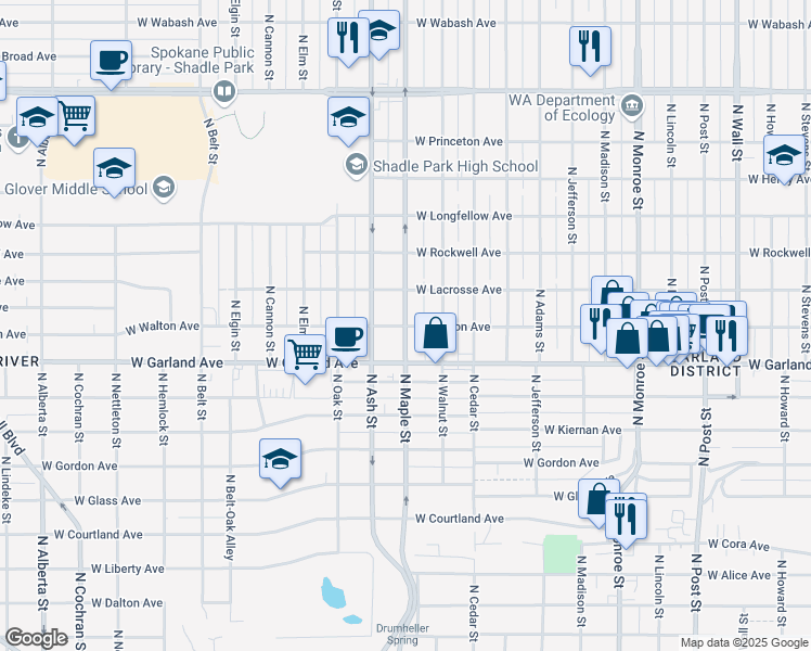 map of restaurants, bars, coffee shops, grocery stores, and more near North Maple Street in Spokane