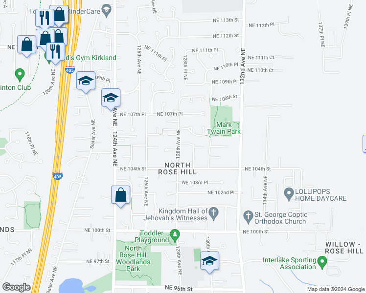 map of restaurants, bars, coffee shops, grocery stores, and more near 10510 128th Avenue Northeast in Kirkland