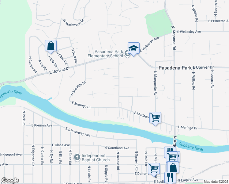 map of restaurants, bars, coffee shops, grocery stores, and more near 4023 North Bessie Road in Spokane