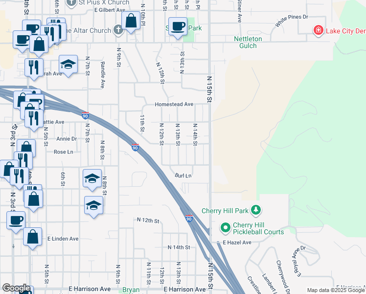 map of restaurants, bars, coffee shops, grocery stores, and more near 1906 North 13th Street in Coeur d'Alene