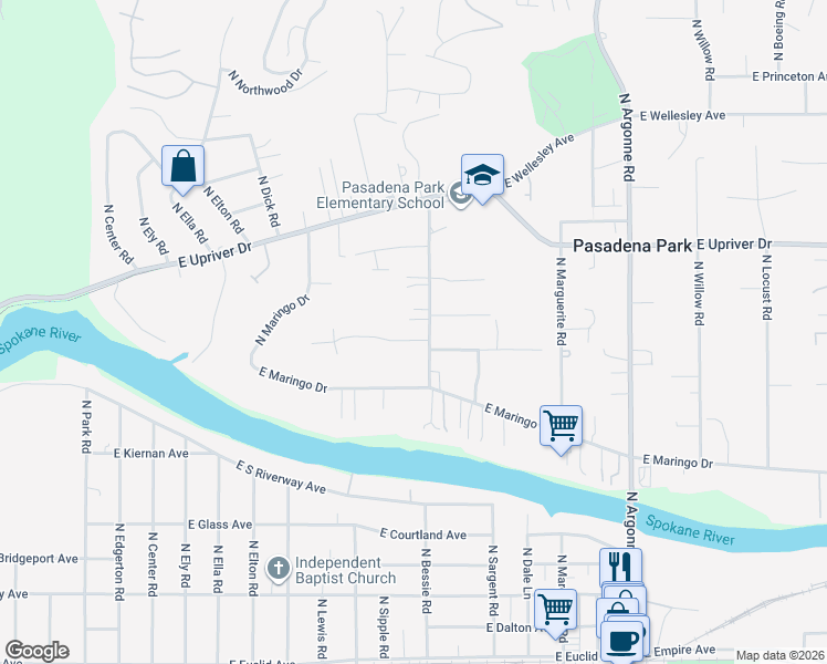 map of restaurants, bars, coffee shops, grocery stores, and more near 4023 North Bessie Road in Spokane