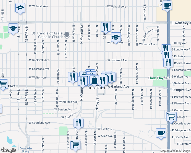 map of restaurants, bars, coffee shops, grocery stores, and more near in Spokane