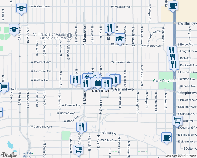 map of restaurants, bars, coffee shops, grocery stores, and more near in Spokane
