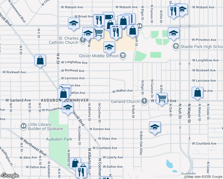 map of restaurants, bars, coffee shops, grocery stores, and more near 2409 West Walton Avenue in Spokane