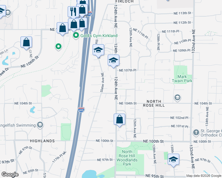 map of restaurants, bars, coffee shops, grocery stores, and more near 10507 124th Avenue Northeast in Kirkland